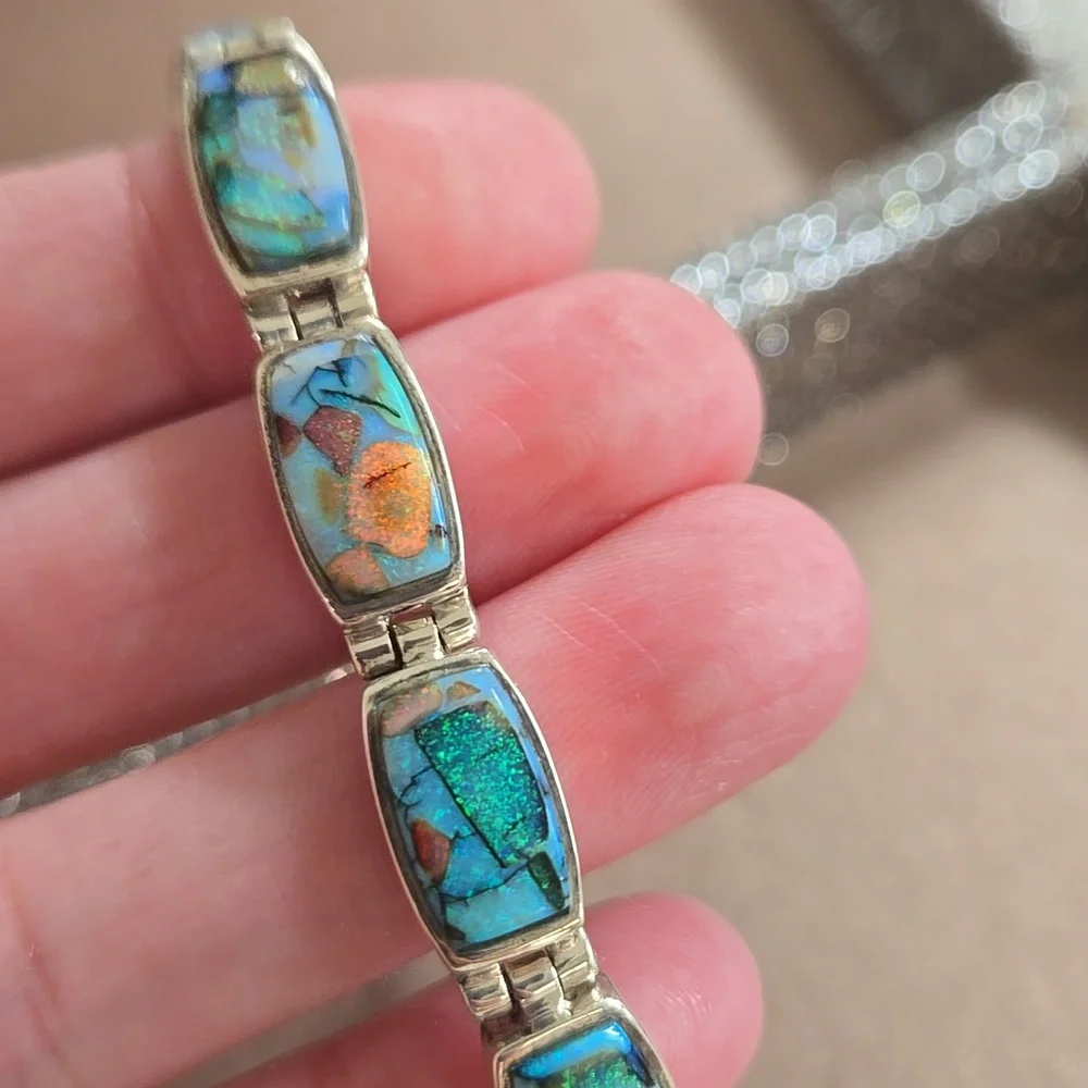 Vintage Navajo Calvin Begay Sterling Opal Bracelet - Picture 8 of 12